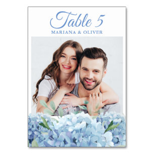 Photo Blue Hydrangea Floral Wedding Table Number