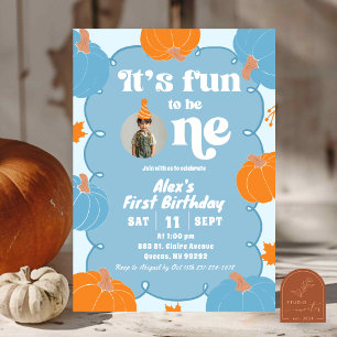 Photo Blue Orange Fun Pumpkin First Birthday Invitation