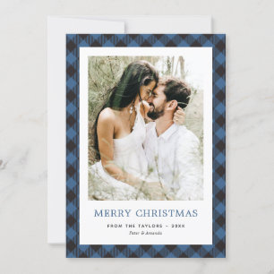 Photo Blue Plaid Newlyweds Merry Christmas Holiday Card