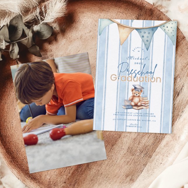 Photo Blue Preschool Teddy Bear Graduation Invitation (Creator Uploaded)