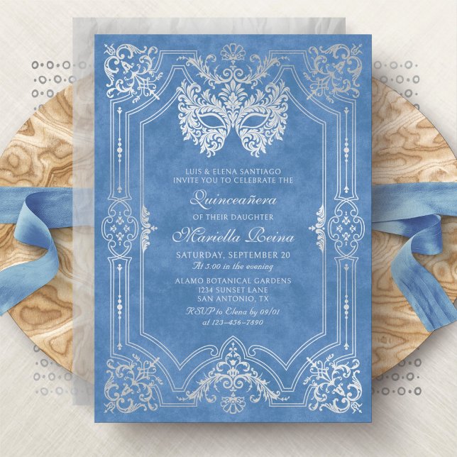 Photo Blue Silver Masquerade Quinceanera Invitation (Creator Uploaded)