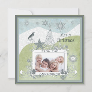 Photo Blue Snowflake Christmas Tree Cute Bird Holiday Card