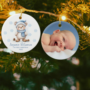 Photo Blue Snowflakes Bear Baby's 1st Christmas Ceramic Tree Decoration