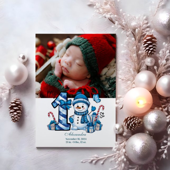 Photo Blue Snowman First Christmas Holiday Card (Creator Uploaded)