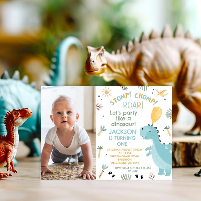Photo Blue Stomp Chomp Roar Dinosaur 1st Birthday  Invitation (Stomp, Chomp, Roar Dinosaur 1st Birthday invitation,  Dinosaur Themed Birthday Invitation Template)