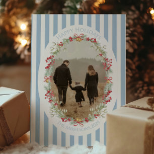 Photo Blue Striped Berry Wreath Christmas Holiday Card