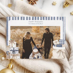 Photo Blue Striped Santa Family Christmas Holiday Card