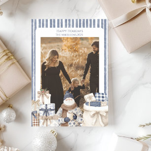 Photo Blue Striped Santa Family Christmas Holiday Card