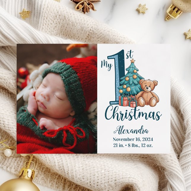 Photo Blue Teddy Baby 1st Christmas Holiday Card (Creator Uploaded)