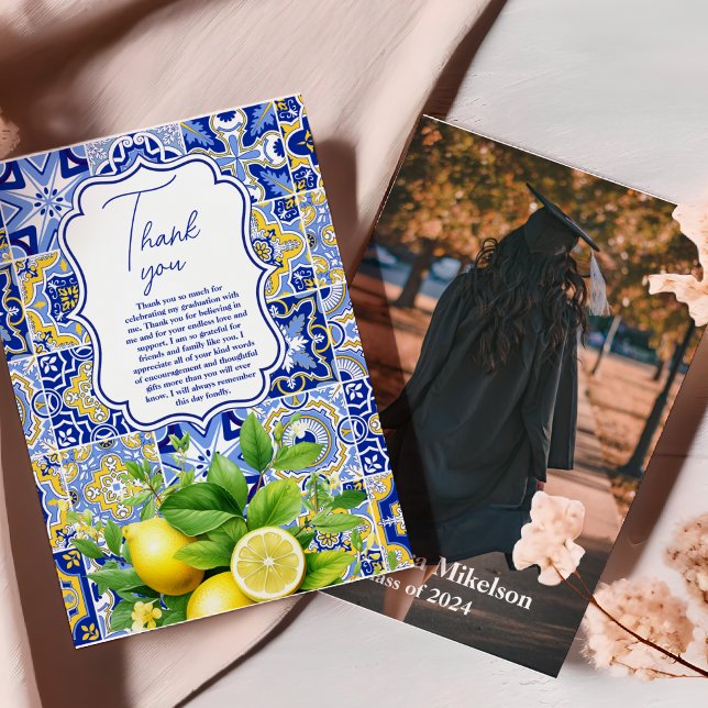 Photo Blue tiles Lemons Graduation Thank You Card (Creator Uploaded)