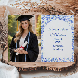 Photo Blue Toile Floral Graduation Party Announcement