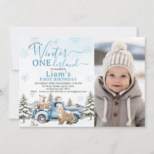 Photo Blue Truck Winter Onederland 1st Birthday Invitation