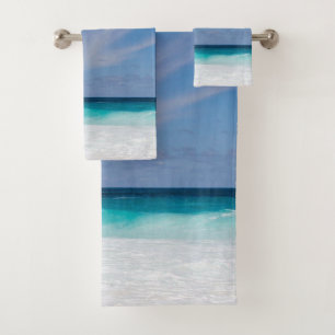 Photo Blue Turquoise Aqua White Beach Bath Towel Set
