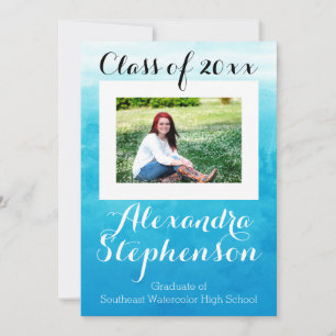 Photo Blue Watercolor High School Graduation/Party Invitation