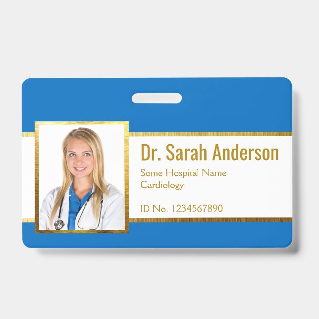 Photo Blue White Faux Gold Foil Elegant ID Badge (Front)