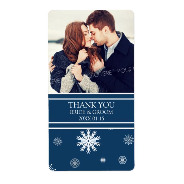 Photo Blue White Snowflakes Winter Wedding Label (Front)