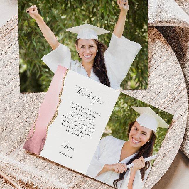 Photo Blush Agate Gold Script Graduation Thank You Card (Creator Uploaded)