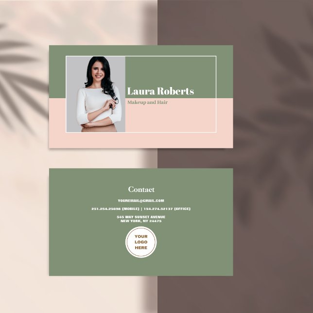 Photo Blush Pink and Green  Minimalistic Retro Business Card (Creator Uploaded)