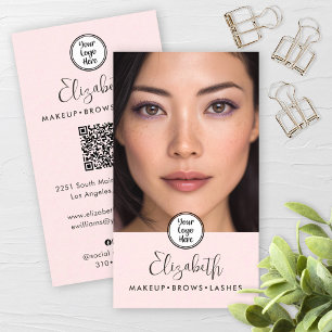 Photo Blush Pink Script Black Logo QR Code Makeup Business Card