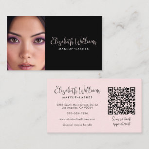 Photo Blush Pink Script Black QR Code Makeup Chic Business Card