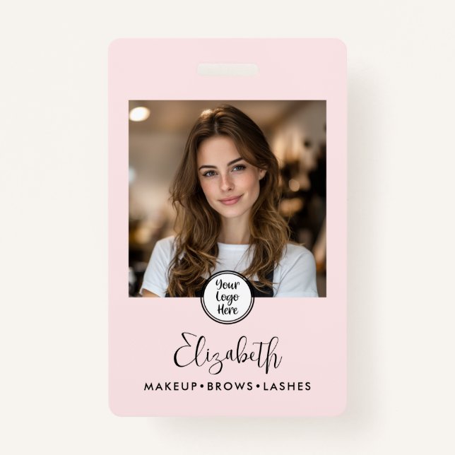 Photo Blush Pink Script Your Logo Here Makeup ID ID Badge (Front)