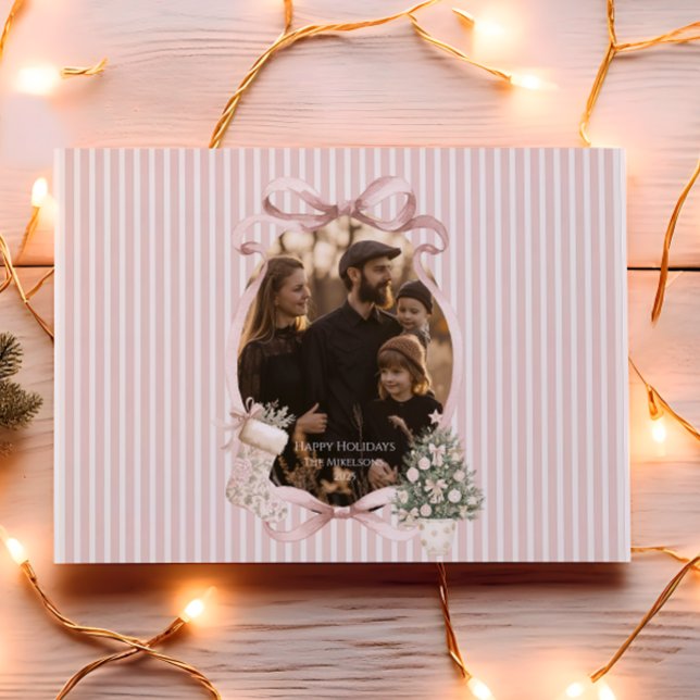 Photo Blush Ribbon Tree Christmas Holiday Card (Creator Uploaded)