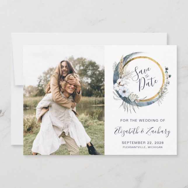 Photo Boho Blue Floral Moon Frame Save the Date Invitation (Front)