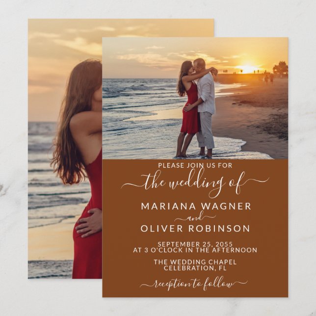 Photo Boho Brown Elegant Script Wedding Invitation (Front/Back)