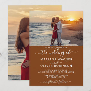 Photo Boho Brown Elegant Script Wedding Invitation