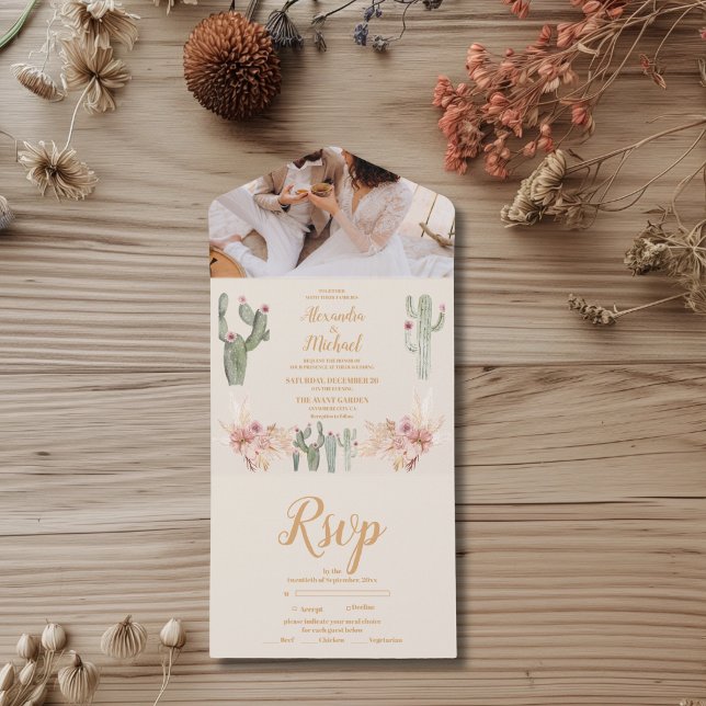 Photo Boho Desert Cactus Wedding All In One Invitation (Creator Uploaded)