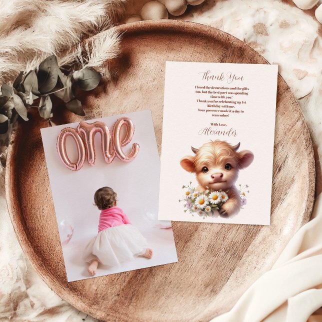 Photo Boho Holy Cow Highland Cow 1st Birthday Thank You Card (Creator Uploaded)