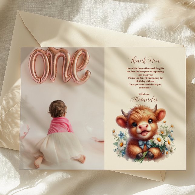 Photo Boho Holy Cow Highland Cow 1st Birthday Thank You Card (Creator Uploaded)