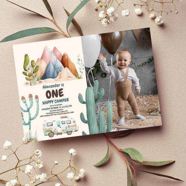 Photo Boho One Happy Camper 1st Birthday Party  Invitation (Creator Uploaded)