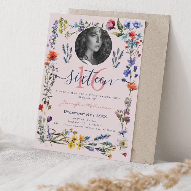 PHOTO Boho Pressed Wildflowers Sweet 16 Blush  Invitation (PHOTO Boho Pressed Wildflowers Sweet 16 Blush Invitation)