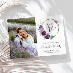 Photo Boho Purple Floral Gold Frame Save the Date Invitation