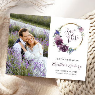 Photo Boho Purple Floral Gold Frame Save the Date Postcard