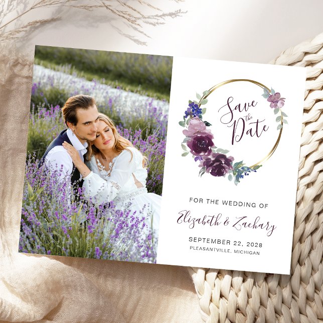 Photo Boho Purple Floral Gold Frame Save the Date Postcard (Creator Uploaded)