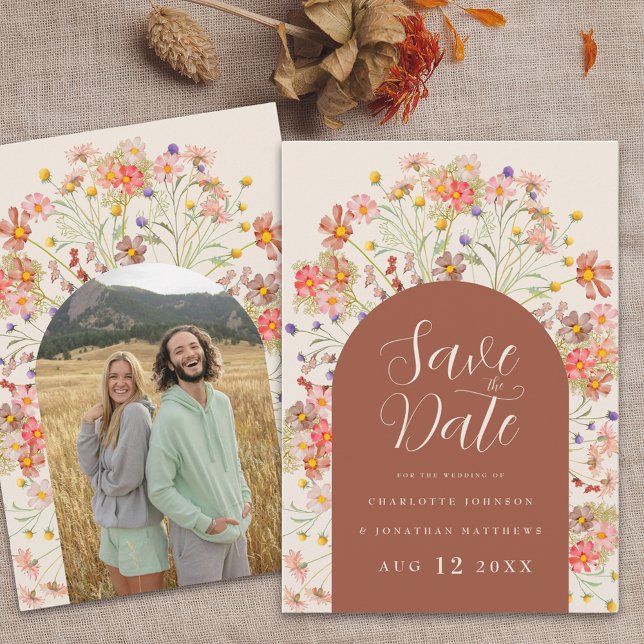 Photo Boho Rustic Wildflower Arch Fall Wedding Save The Date (Photo arch boho fall rustic wildflower floral terracotta burnt orange & beige wedding save the date)
