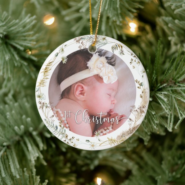 Photo Boho Wildflower Baby Girl's First Christmas  Ceramic Tree Decoration (Tree)