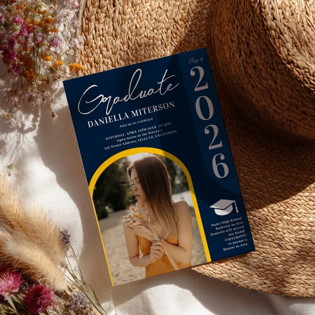 Photo bold 2024 arch dark blue graduation invitation (Photo bold 2026 arch dark blue graduation invitation)