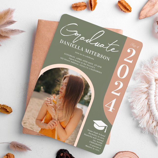 Photo bold 2024 arch green pink graduation invitation (Photo bold 2024 arch green pink graduation invitation)