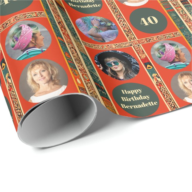 Photo Bold Ethnic Bohemian Burnt Orange Birthday Wrapping Paper (Roll Corner)