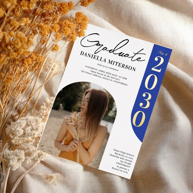 Photo bold gold arch royal blue graduation (Photo bold gold arch royal blue graduation foil invitation)