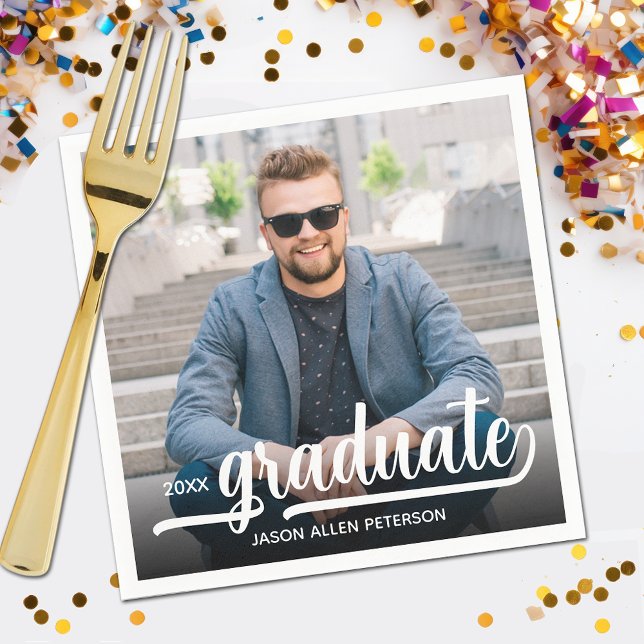 Photo Bold Graduate Script Graduation Party Napkin (Your photo, name, class year and "Graduate" in a cool script graduation party napkins)