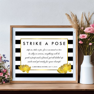 Photo Booth Poster Sign Black Stripe & Gold Peony