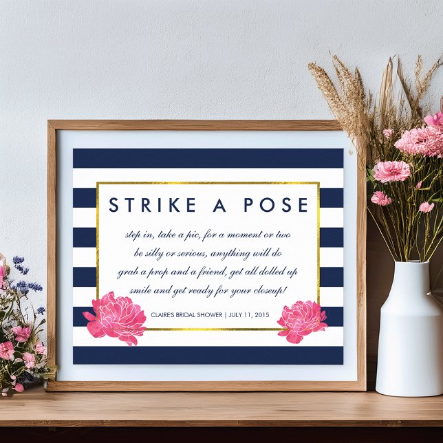 Photo Booth Poster Sign | Navy Stripe & Pink Peony (Creator Uploaded)