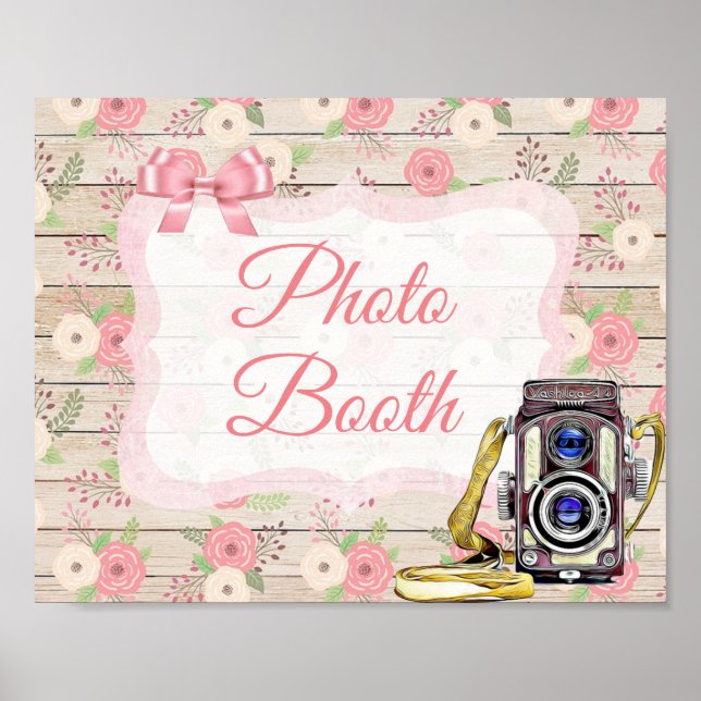 Photo Booth Sign Pink Rustic Wood Floral Poster (Front)