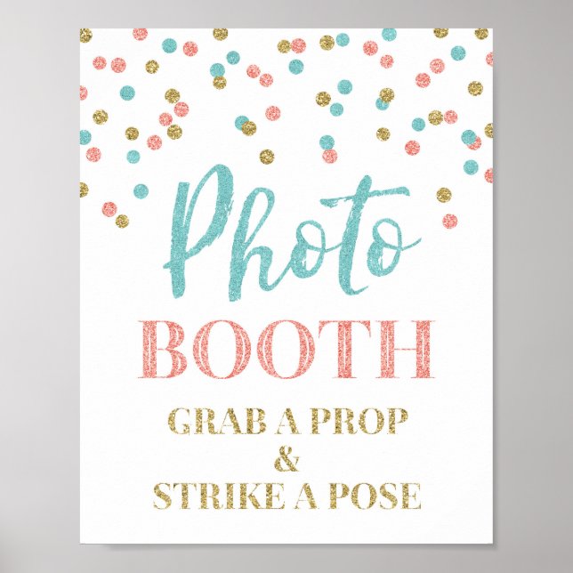 Photo Booth Wedding Sign Gold Teal Coral Confetti (Front)