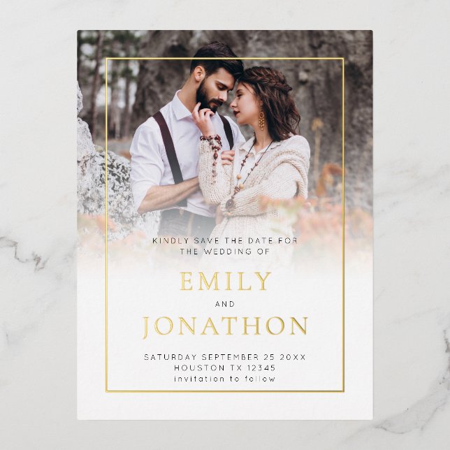 Photo Border Wedding Save The Date Foil Postcard (Front)