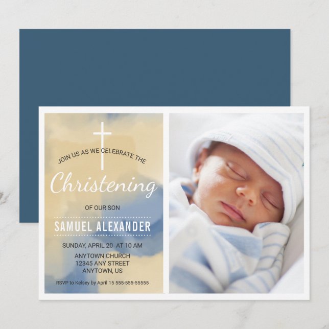 Photo Boy Christening, Watercolor Blue and Gold Invitation (Front/Back)